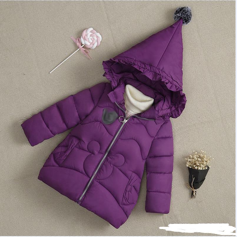 Baby Girls Hooded Snowsuit Letter Patch Embroider Magic Hooded Ruffle Fur Ball Thickening Kids Winter Outwear Cotton Padded Jacket Coat 2-5T